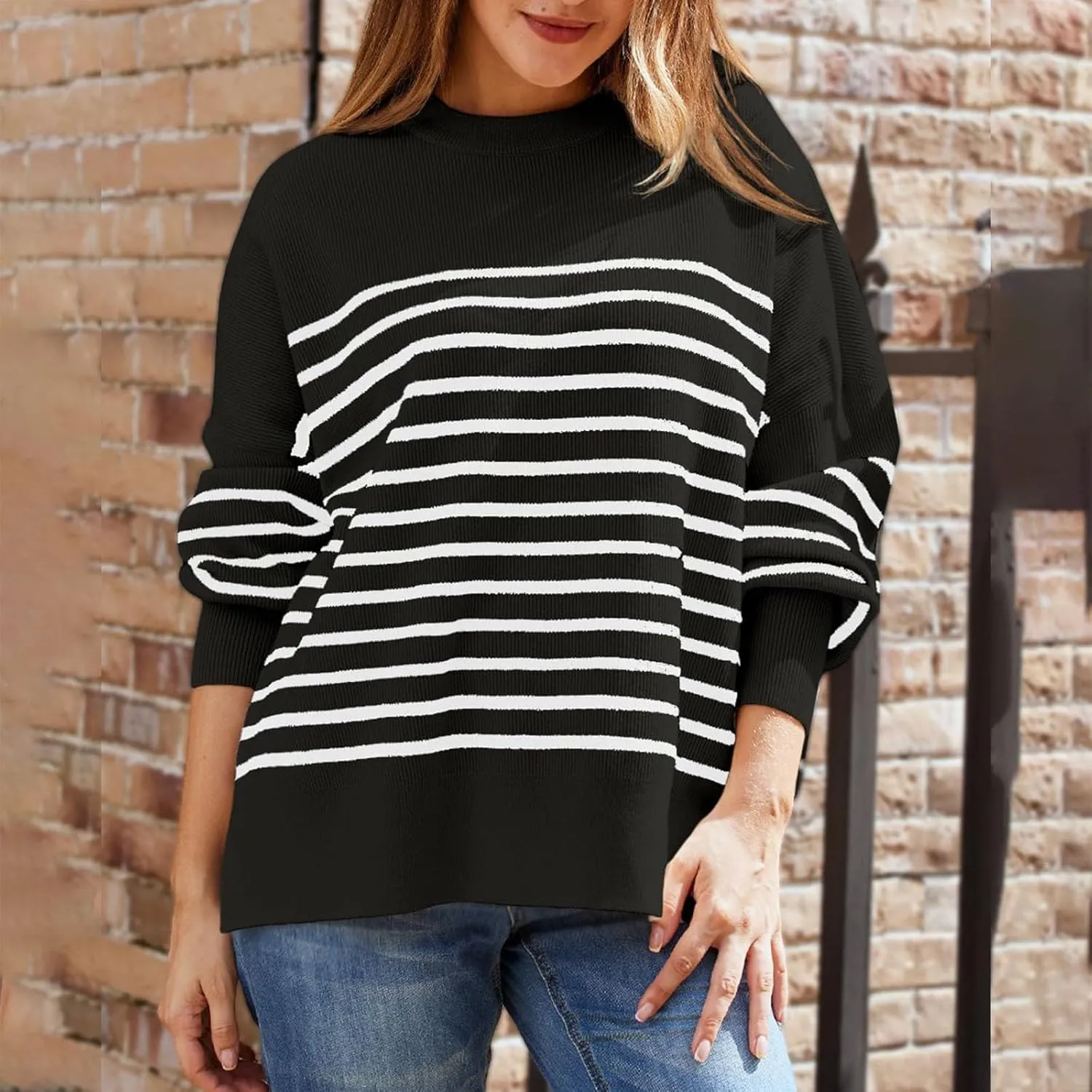 Women's Oversized Sweaters 2024 Fall Outfits Crewneck Ribbed Knit Side Slit Trendy Striped Pullover Tops Winter Warm