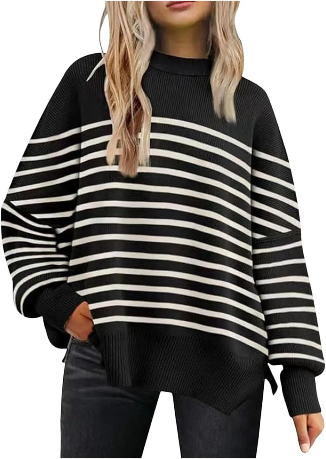 Women's Oversized Sweaters 2024 Fall Outfits Crewneck Ribbed Knit Side Slit Trendy Striped Pullover Tops Winter Warm