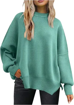Women's Oversized Sweaters 2024 Fall Outfits Crewneck Ribbed Knit Side Slit Trendy Striped Pullover Tops Winter Warm