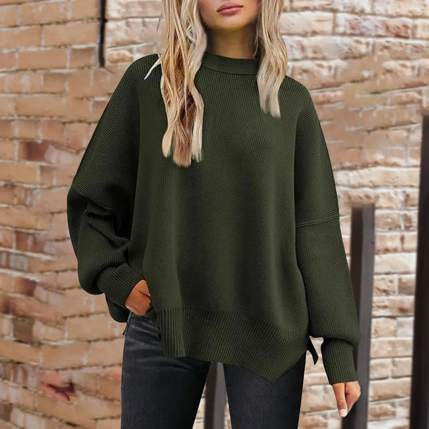 Women's Oversized Sweaters 2024 Fall Outfits Crewneck Ribbed Knit Side Slit Trendy Striped Pullover Tops Winter Warm