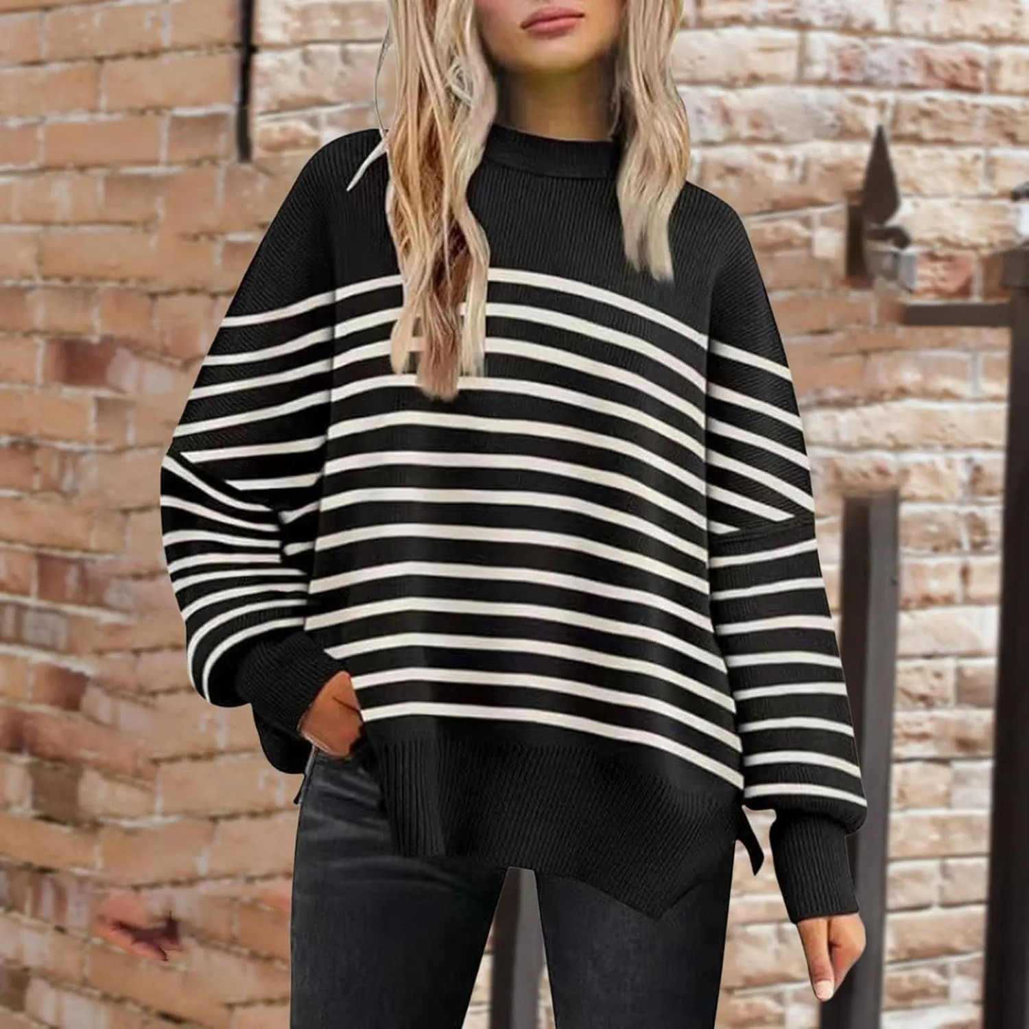 Women's Oversized Sweaters 2024 Fall Outfits Crewneck Ribbed Knit Side Slit Trendy Striped Pullover Tops Winter Warm
