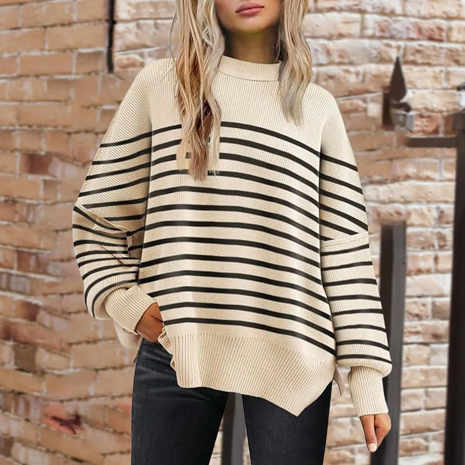 Women's Oversized Sweaters 2024 Fall Outfits Crewneck Ribbed Knit Side Slit Trendy Striped Pullover Tops Winter Warm
