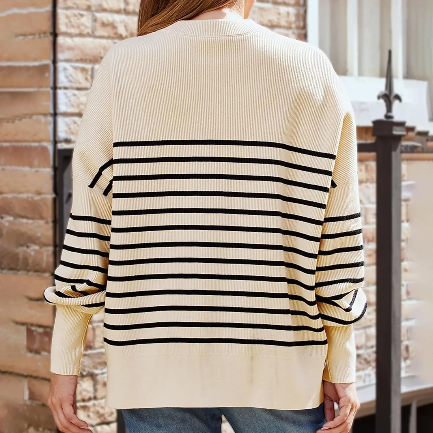 Women's Oversized Sweaters 2024 Fall Outfits Crewneck Ribbed Knit Side Slit Trendy Striped Pullover Tops Winter Warm