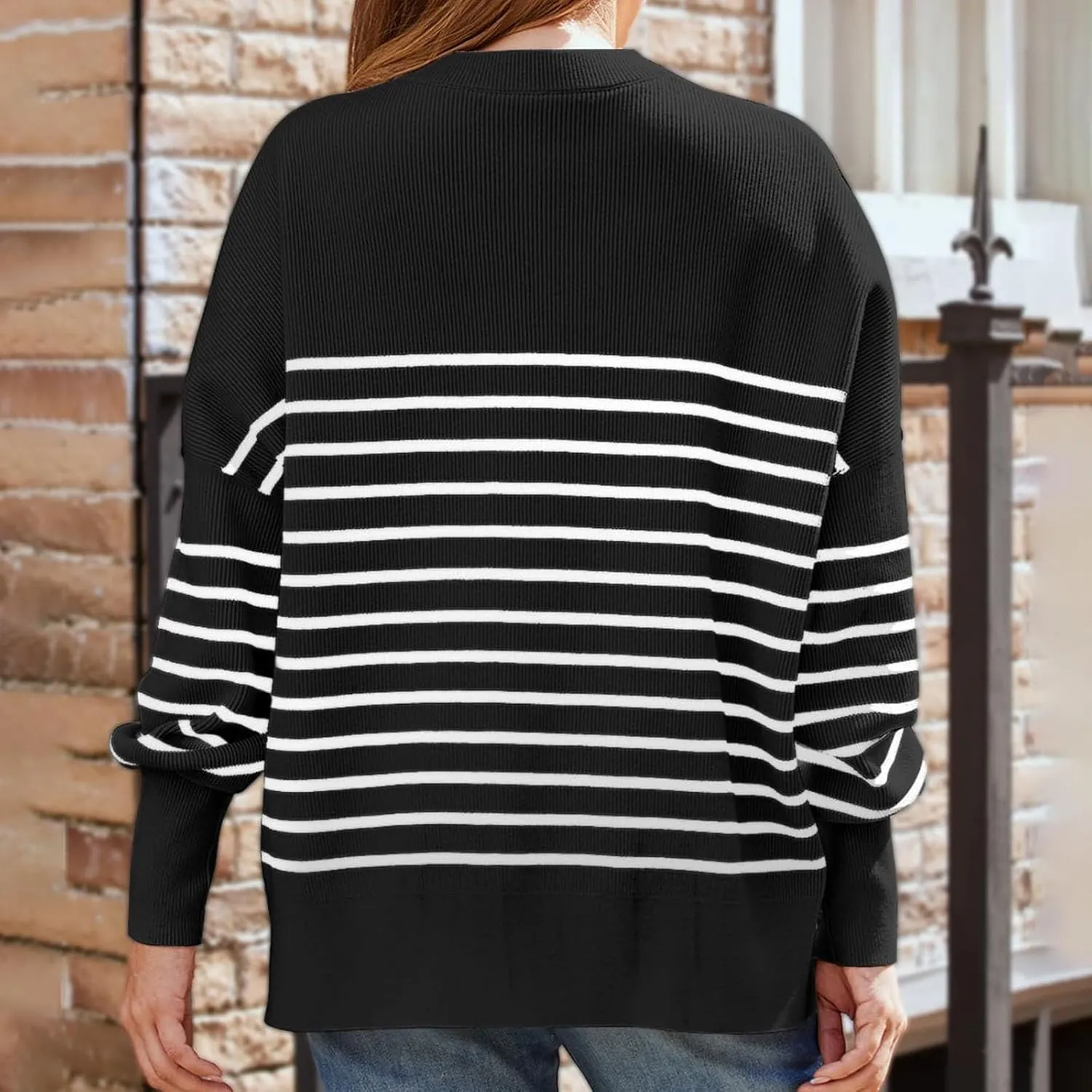 Women's Oversized Sweaters 2024 Fall Outfits Crewneck Ribbed Knit Side Slit Trendy Striped Pullover Tops Winter Warm