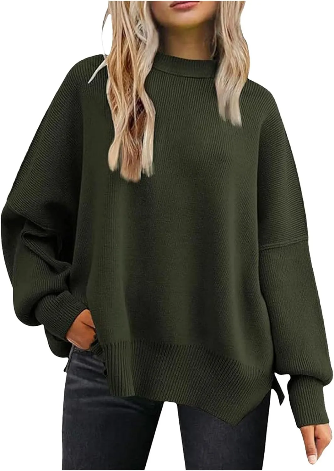 Women's Oversized Sweaters 2024 Fall Outfits Crewneck Ribbed Knit Side Slit Trendy Striped Pullover Tops Winter Warm