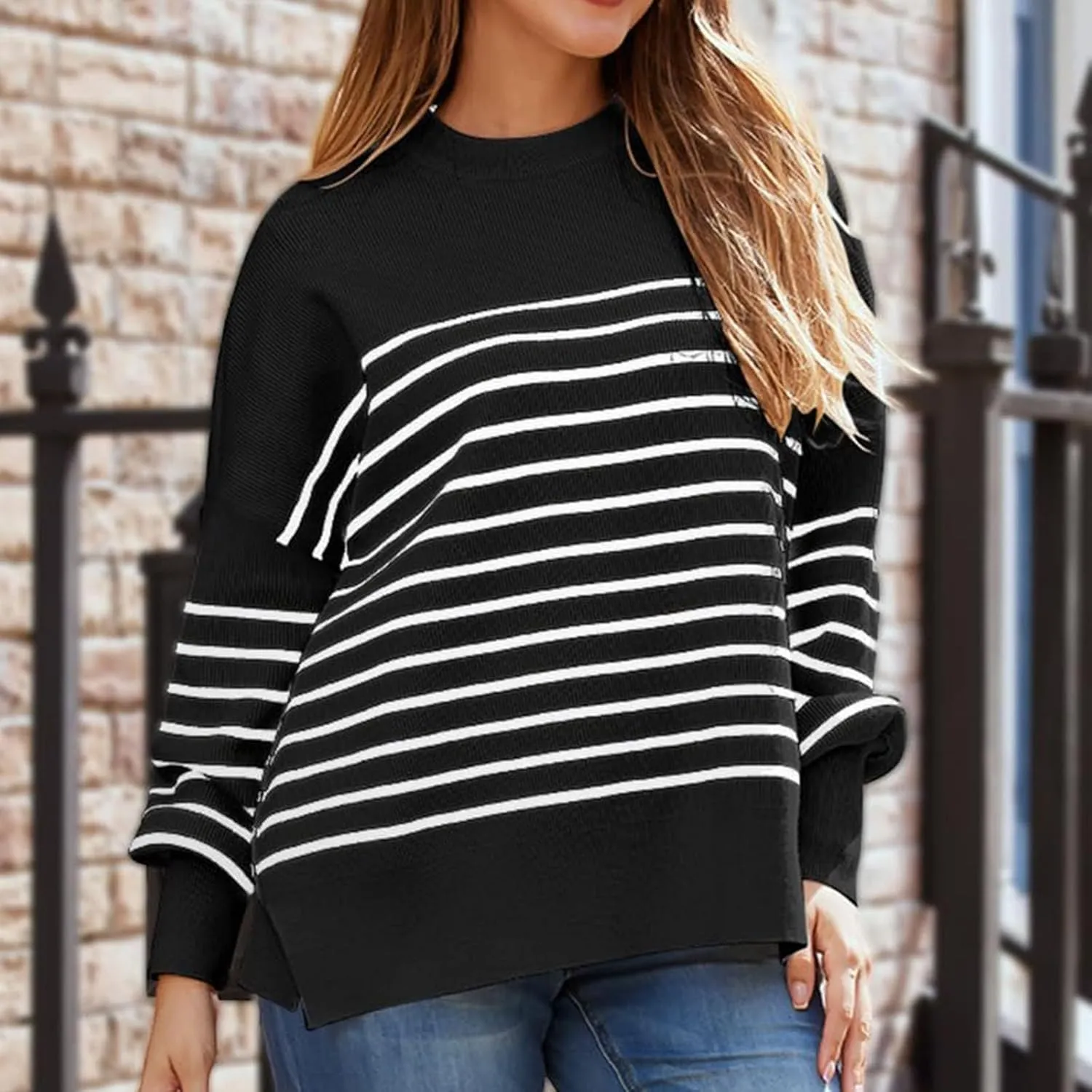 Women's Oversized Sweaters 2024 Fall Outfits Crewneck Ribbed Knit Side Slit Trendy Striped Pullover Tops Winter Warm