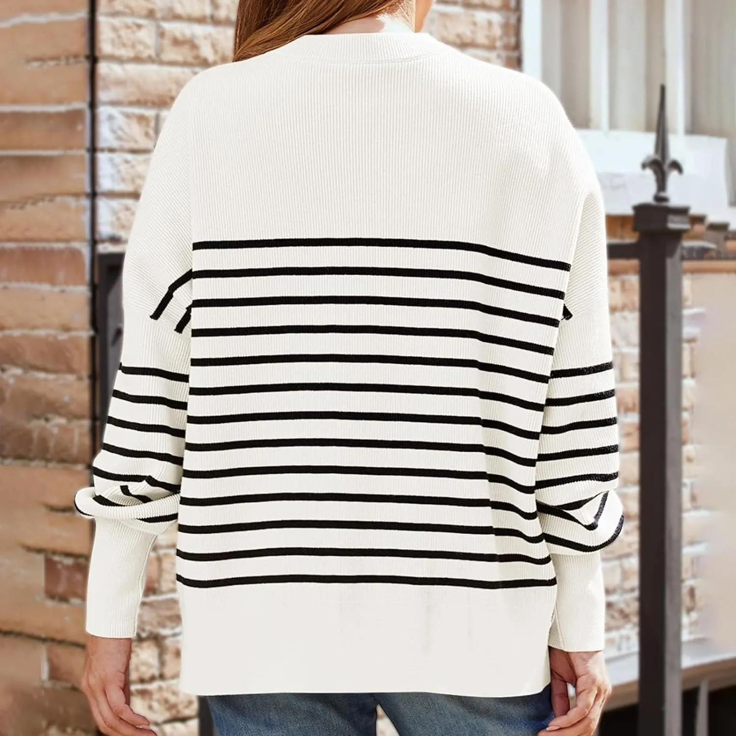 Women's Oversized Sweaters 2024 Fall Outfits Crewneck Ribbed Knit Side Slit Trendy Striped Pullover Tops Winter Warm
