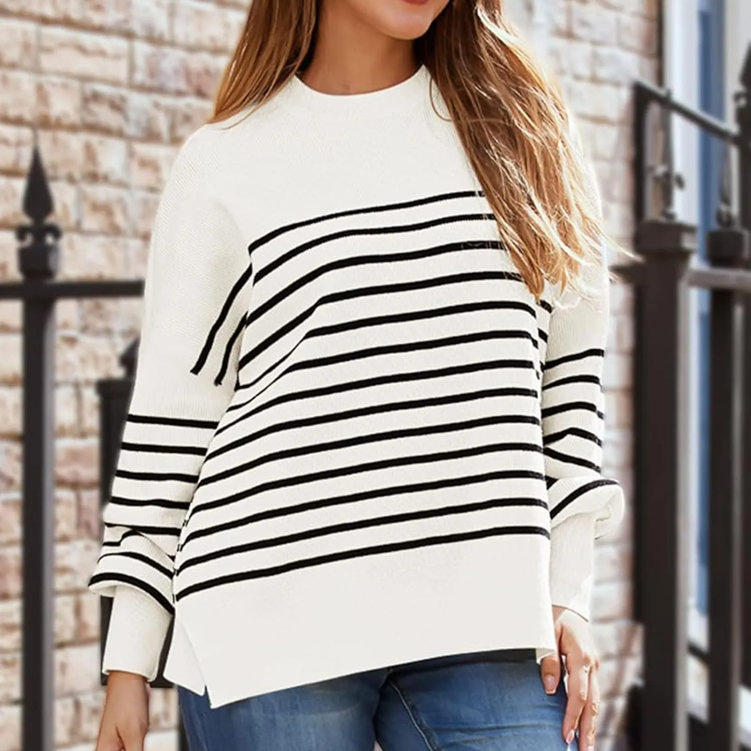 Women's Oversized Sweaters 2024 Fall Outfits Crewneck Ribbed Knit Side Slit Trendy Striped Pullover Tops Winter Warm