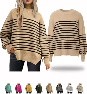 Women's Oversized Sweaters 2024 Fall Outfits Crewneck Ribbed Knit Side Slit Trendy Striped Pullover Tops Winter Warm