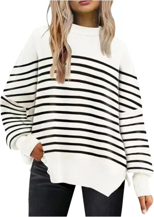 Women's Oversized Sweaters 2024 Fall Outfits Crewneck Ribbed Knit Side Slit Trendy Striped Pullover Tops Winter Warm