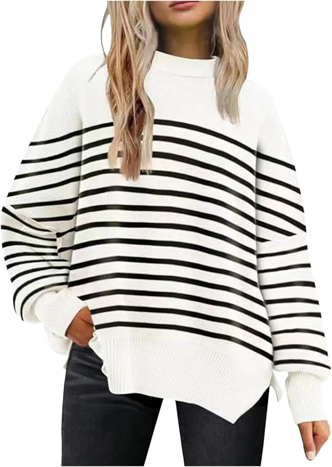 Women's Oversized Sweaters 2024 Fall Outfits Crewneck Ribbed Knit Side Slit Trendy Striped Pullover Tops Winter Warm