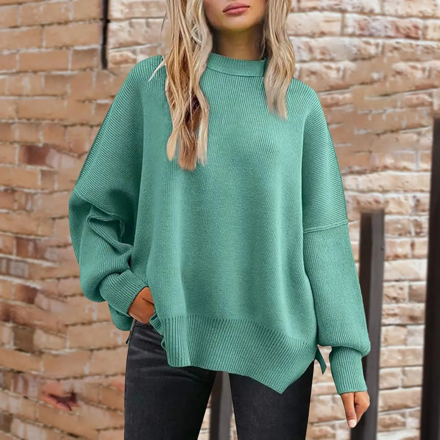 Women's Oversized Sweaters 2024 Fall Outfits Crewneck Ribbed Knit Side Slit Trendy Striped Pullover Tops Winter Warm