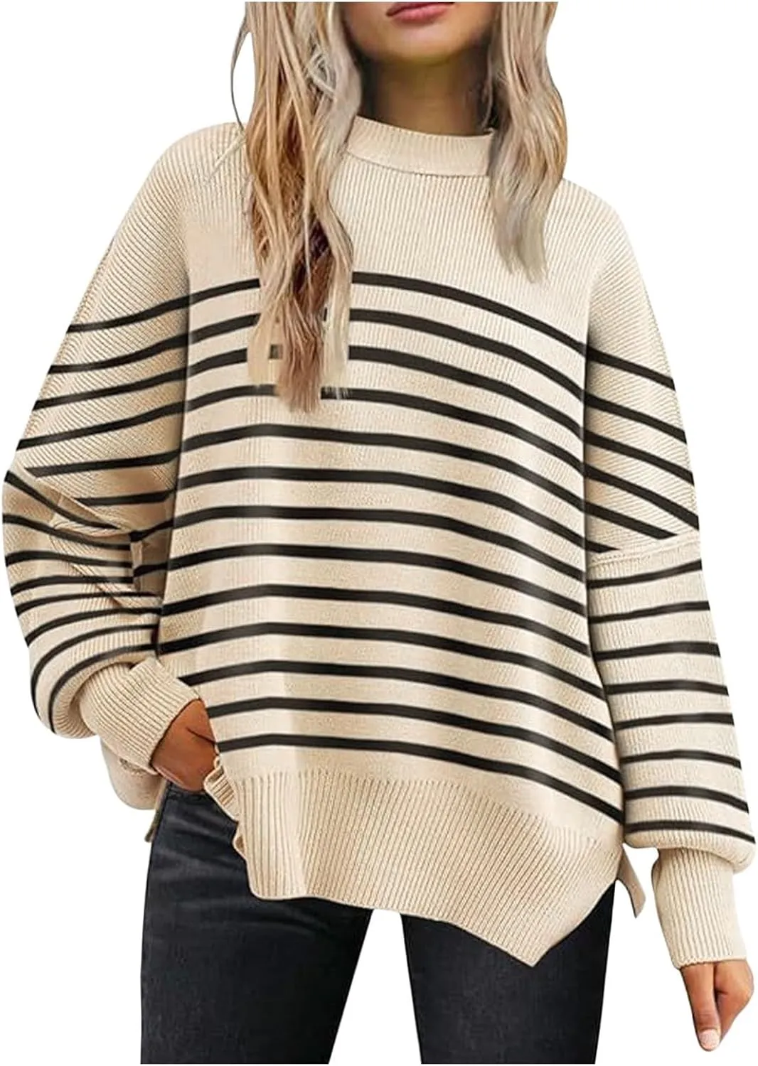 Women's Oversized Sweaters 2024 Fall Outfits Crewneck Ribbed Knit Side Slit Trendy Striped Pullover Tops Winter Warm