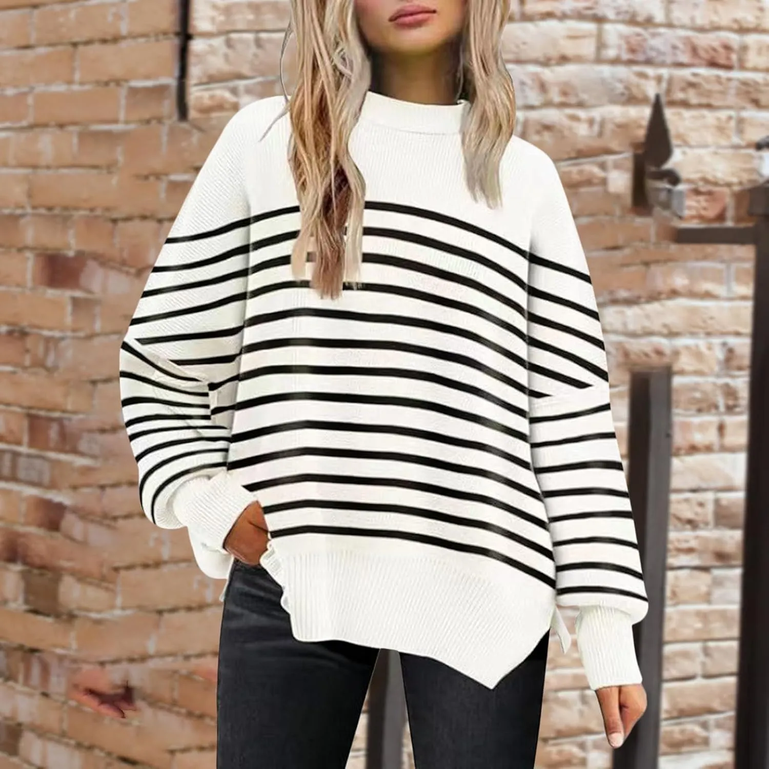 Women's Oversized Sweaters 2024 Fall Outfits Crewneck Ribbed Knit Side Slit Trendy Striped Pullover Tops Winter Warm