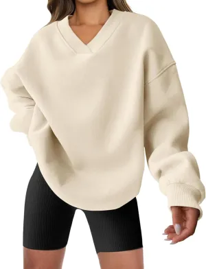 Womens Oversized Sweatshirt Hoodies Casual V Neck Long Sleeve Shirts Fleece Pullover Tops Fall Teens Preppy Clothes