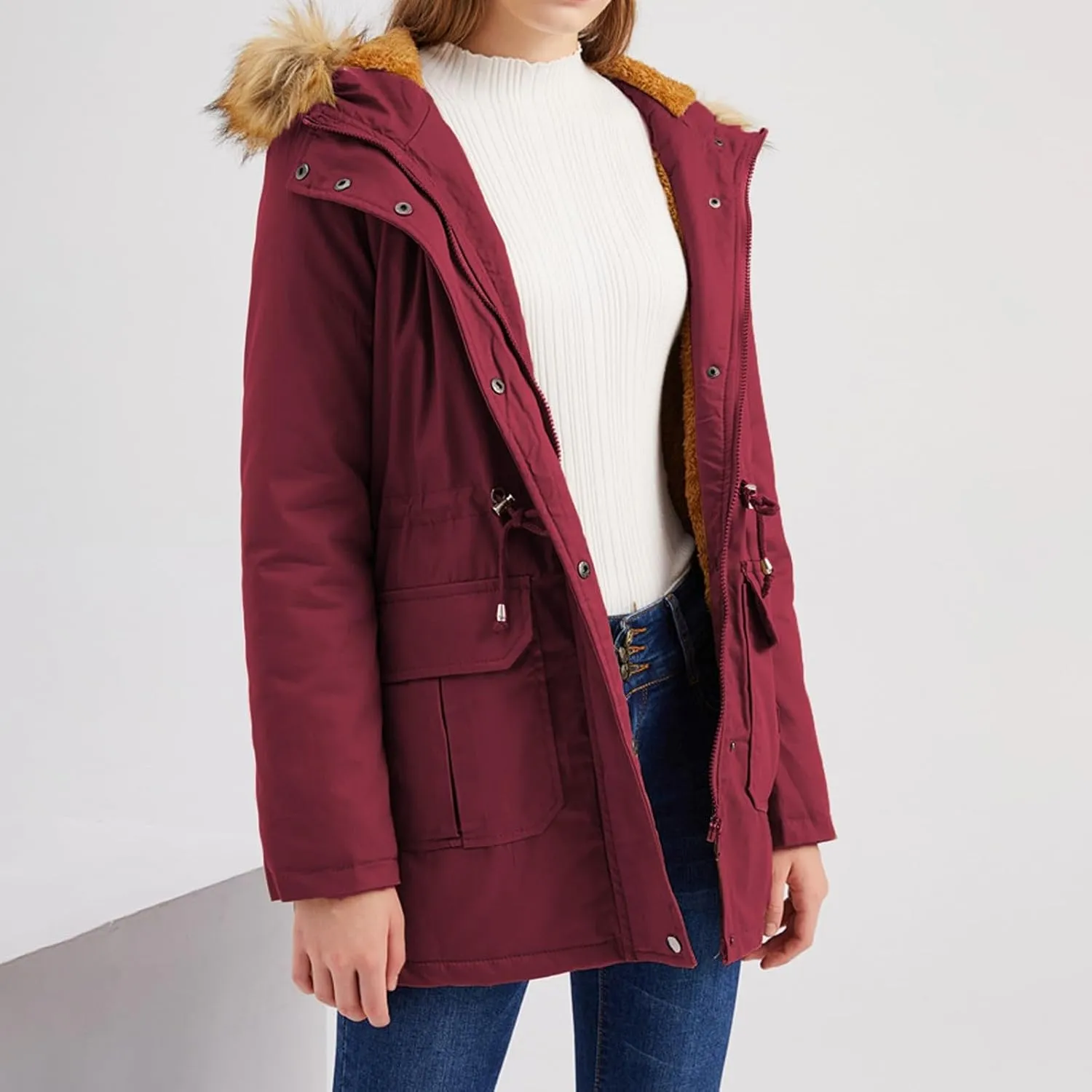 Women's Packable Lightweight Puffer Jacket Ladies Padded Thermal Overcoat with Faux Hooded Waterproof Faux Fur