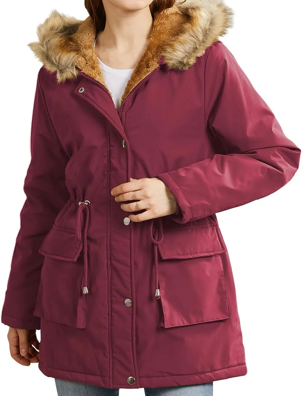 Women's Packable Lightweight Puffer Jacket Ladies Padded Thermal Overcoat with Faux Hooded Waterproof Faux Fur