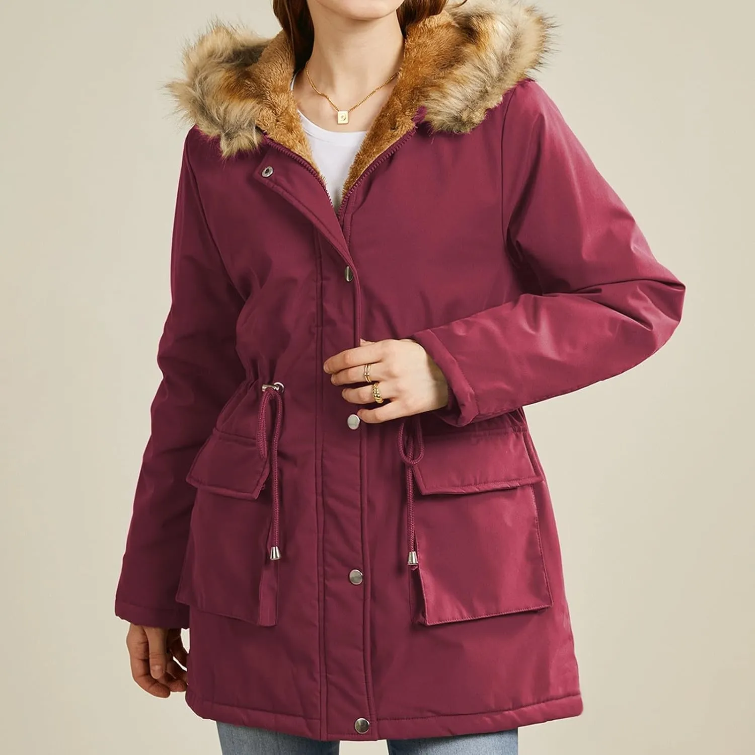 Women's Packable Lightweight Puffer Jacket Ladies Padded Thermal Overcoat with Faux Hooded Waterproof Faux Fur
