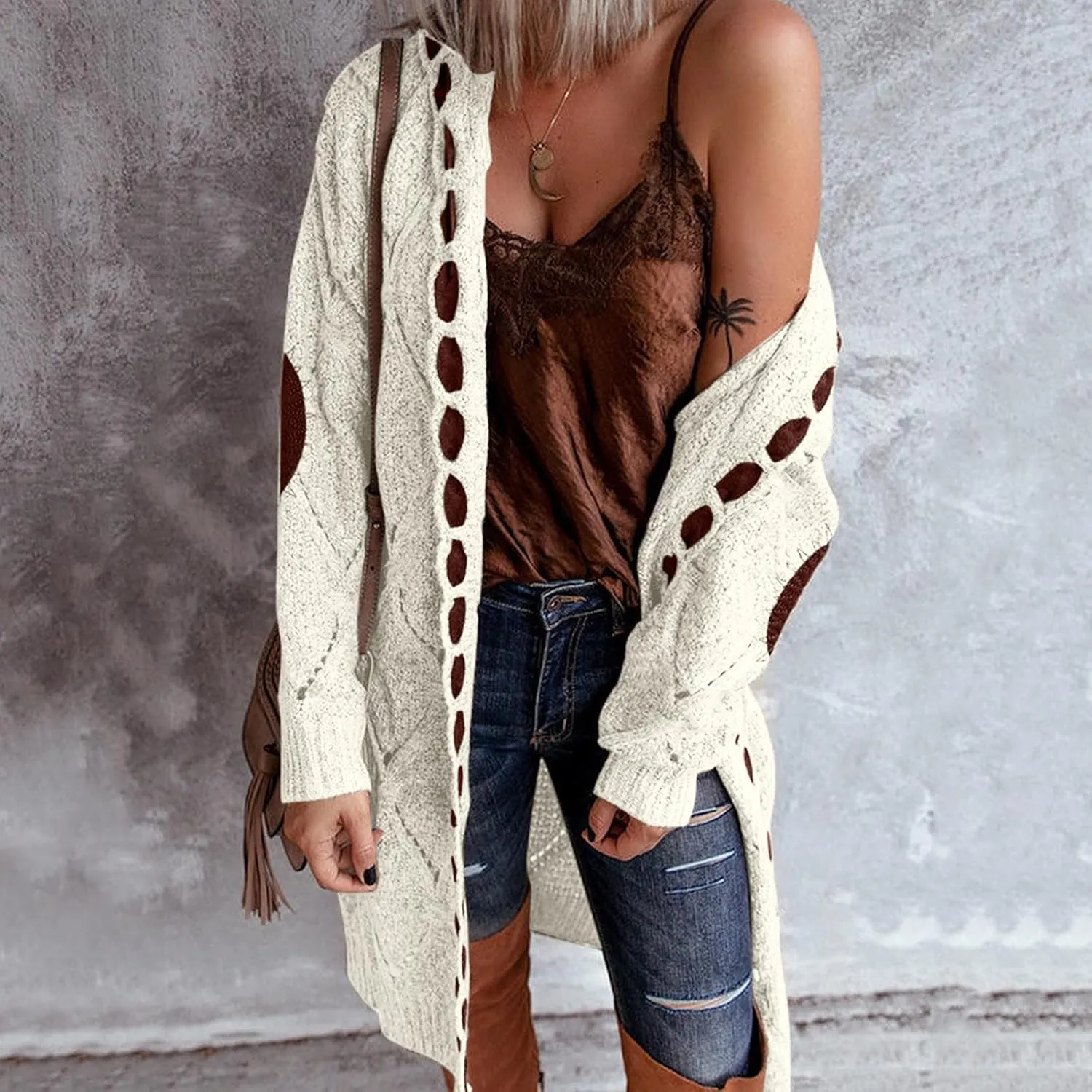Women's Patchwork Cardigan Long Sleeve Cardigan Knit Sweater Jacket Sweaters for Sweaters