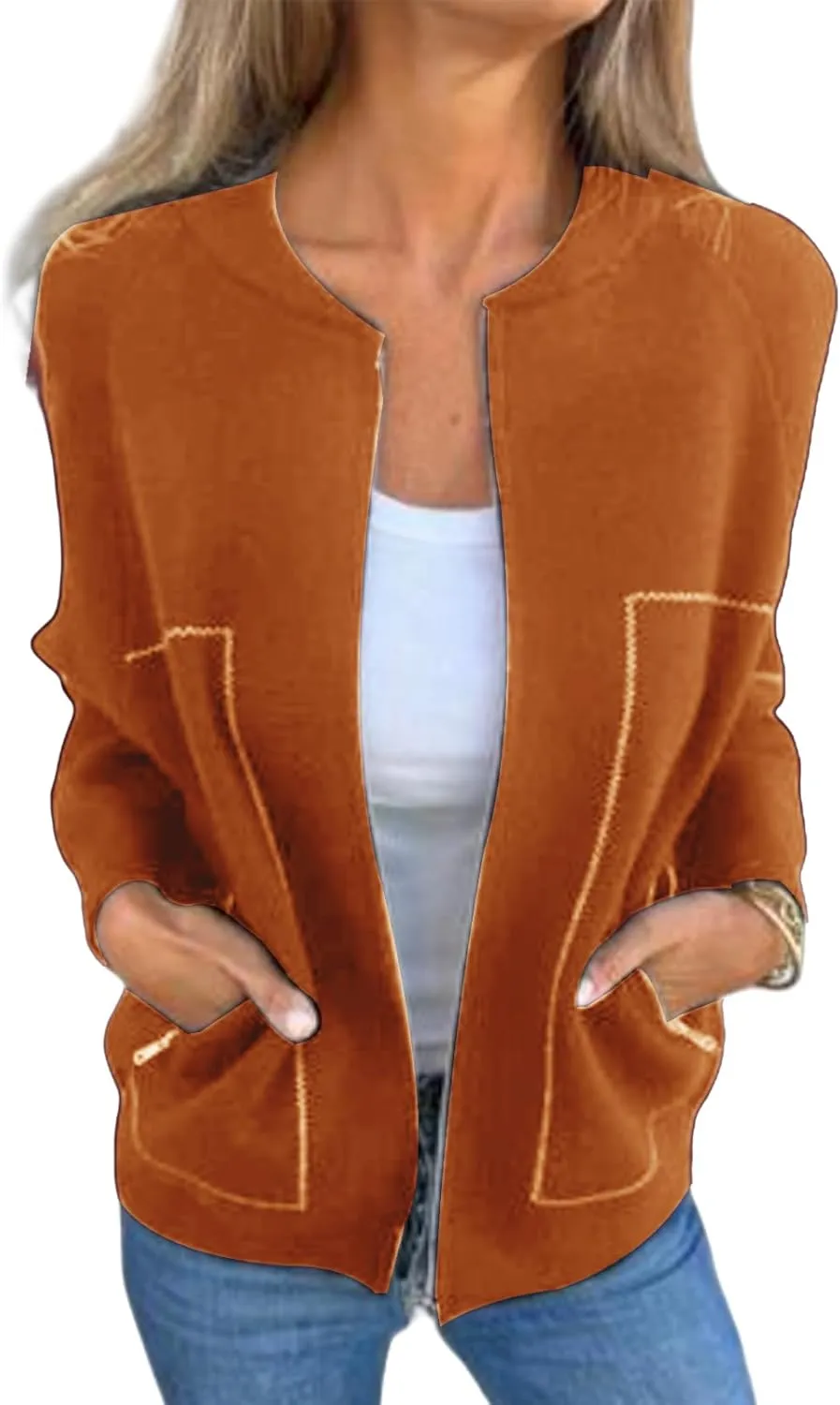 Womens Pea Coat Zip Up Long Sleeve Coat Crew Neck Wool Blend Jacket Open Front Cardigan Outerwear with Pockets
