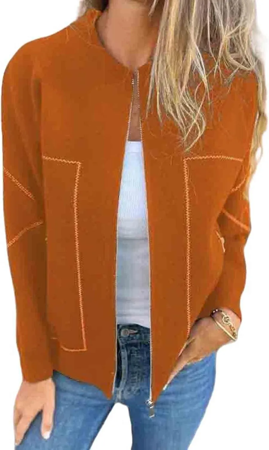 Womens Pea Coat Zip Up Long Sleeve Coat Crew Neck Wool Blend Jacket Open Front Cardigan Outerwear with Pockets