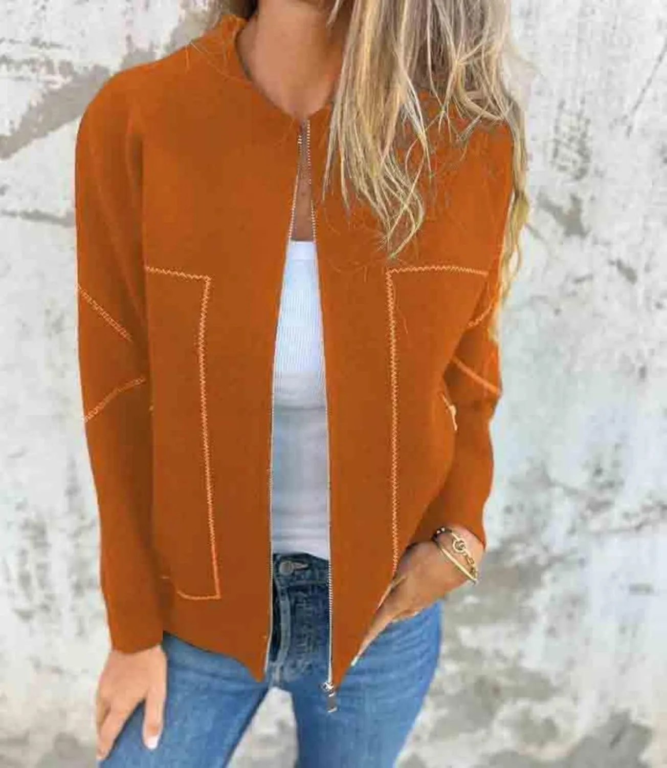 Womens Pea Coat Zip Up Long Sleeve Coat Crew Neck Wool Blend Jacket Open Front Cardigan Outerwear with Pockets