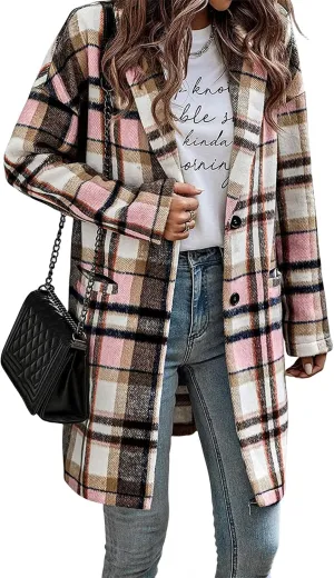 Womens Plaid Wool Pea Coat Button Down Corduroy Shacket Casual Lapel Flannel Trench Coats