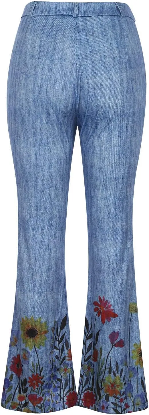 Women's Plus Size Flare Jeans Floral Embroidered High-Rise Bell Bottom Jeans Comfy Stretch Denim Pants