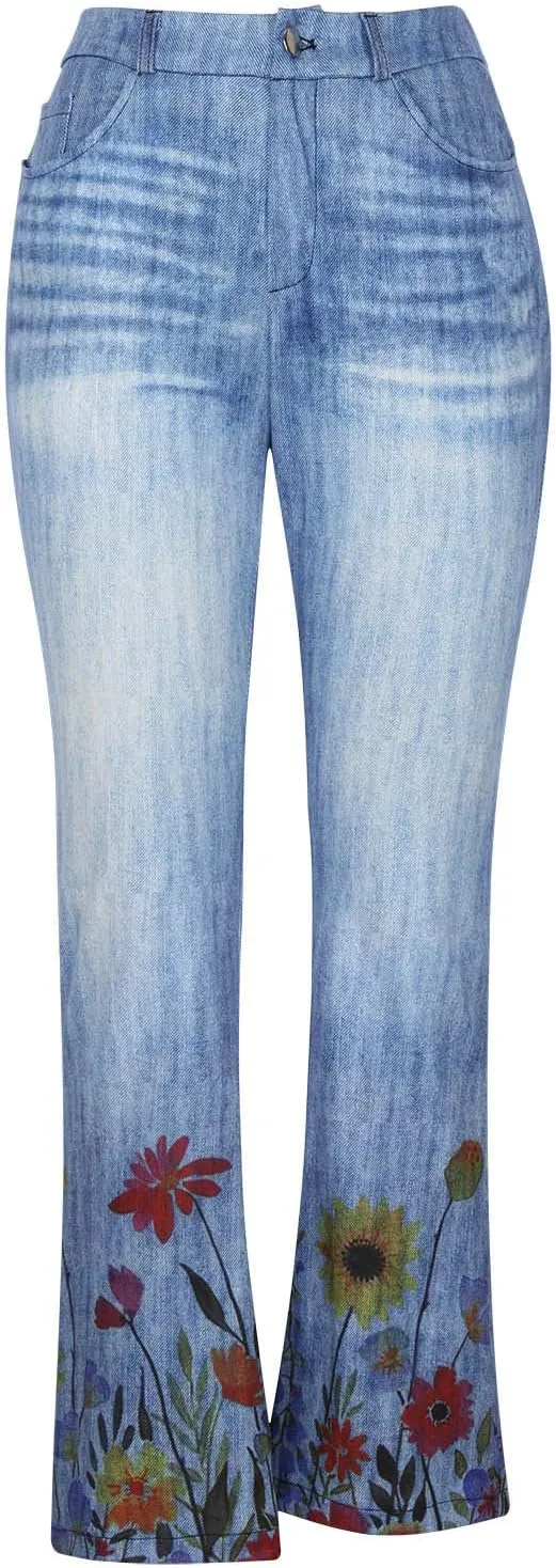 Women's Plus Size Flare Jeans Floral Embroidered High-Rise Bell Bottom Jeans Comfy Stretch Denim Pants