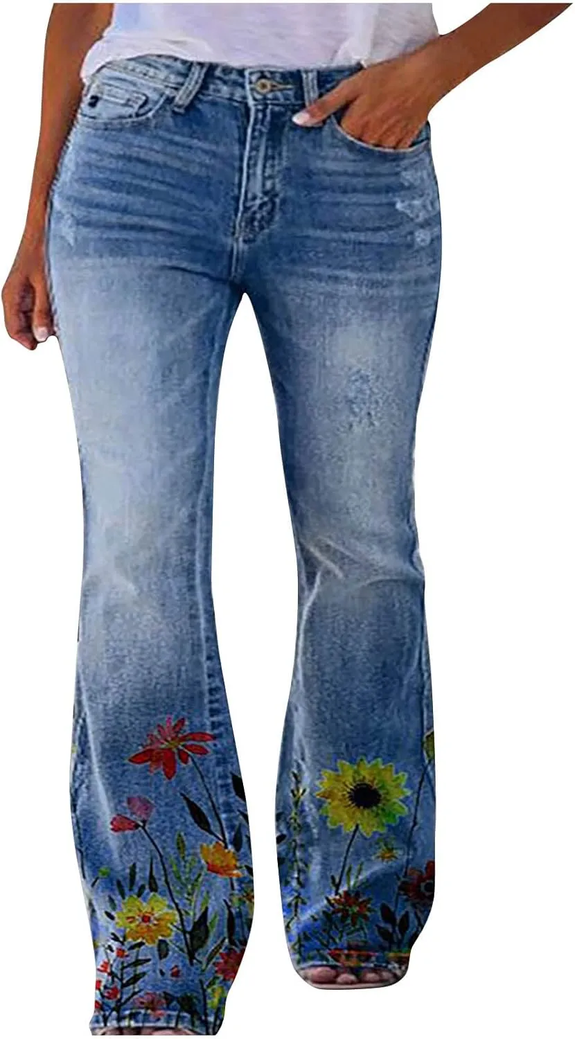 Women's Plus Size Flare Jeans Floral Embroidered High-Rise Bell Bottom Jeans Comfy Stretch Denim Pants