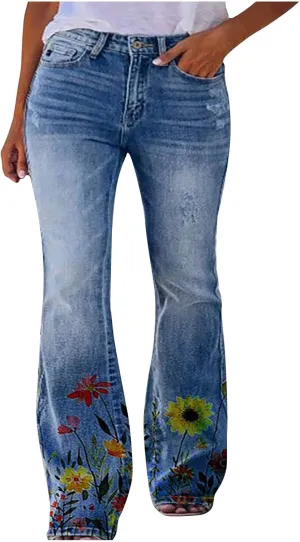 Women's Plus Size Flare Jeans Floral Embroidered High-Rise Bell Bottom Jeans Comfy Stretch Denim Pants