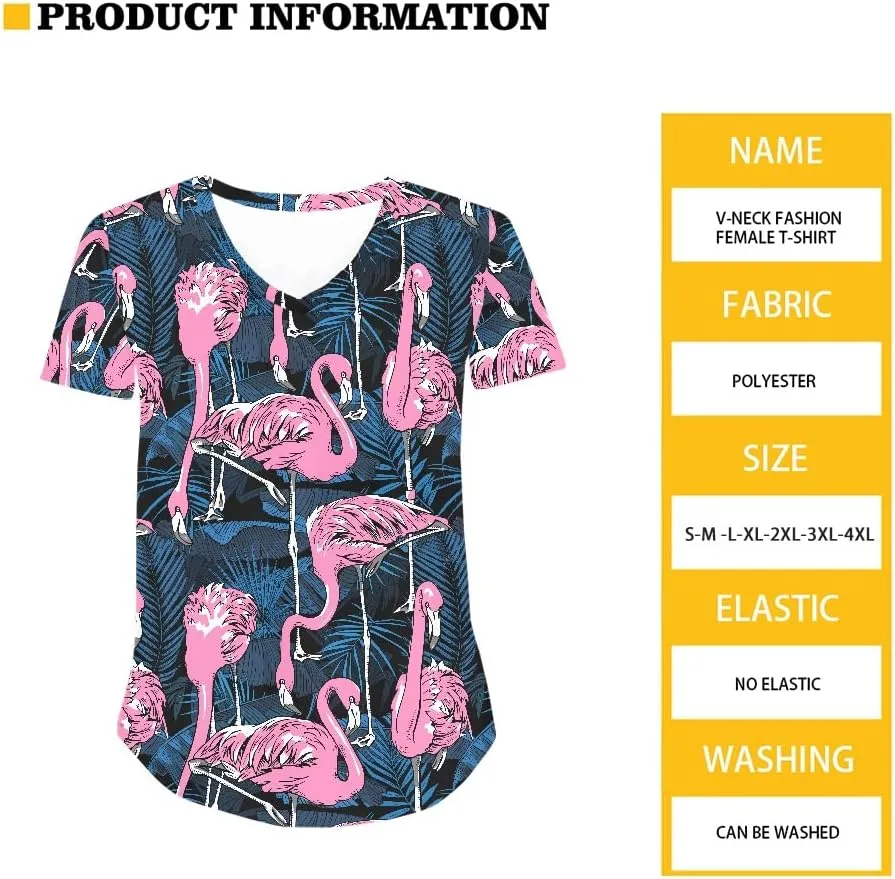 Womens Plus Size Summer Flamingo V-Neck Short Sleeve Casual T-Shirts Tee