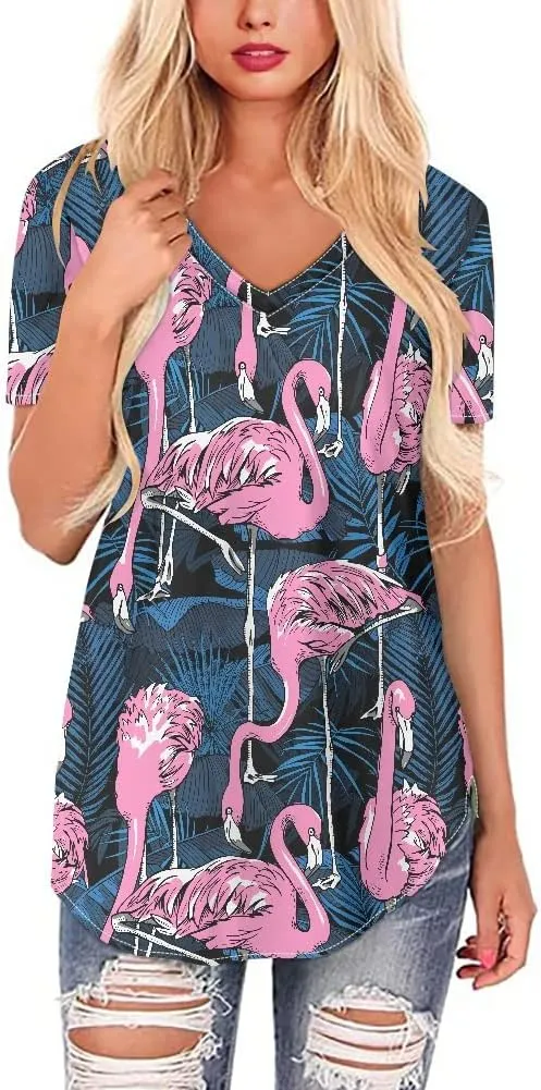 Womens Plus Size Summer Flamingo V-Neck Short Sleeve Casual T-Shirts Tee