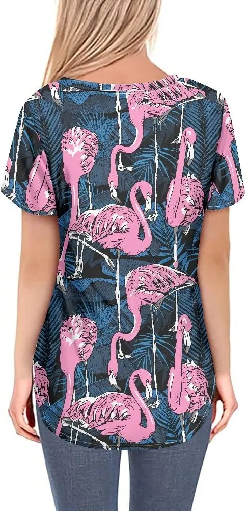 Womens Plus Size Summer Flamingo V-Neck Short Sleeve Casual T-Shirts Tee