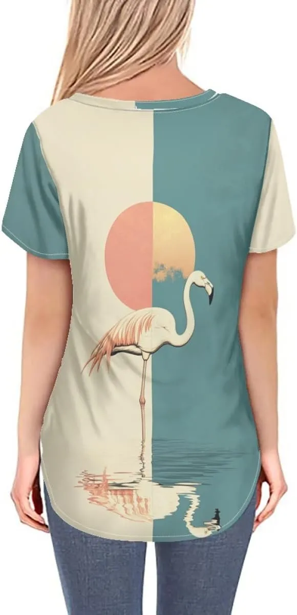 Womens Plus Size Summer Flamingo V-Neck Short Sleeve Casual T-Shirts Tee