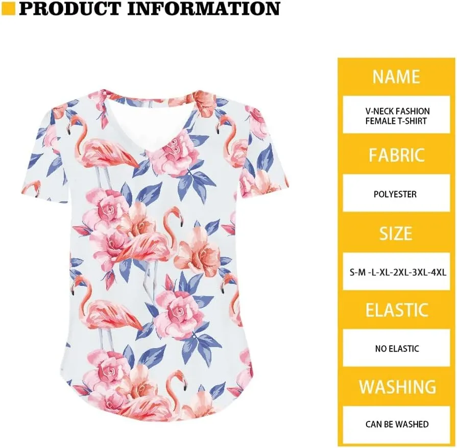 Womens Plus Size Summer Flamingo V-Neck Short Sleeve Casual T-Shirts Tee