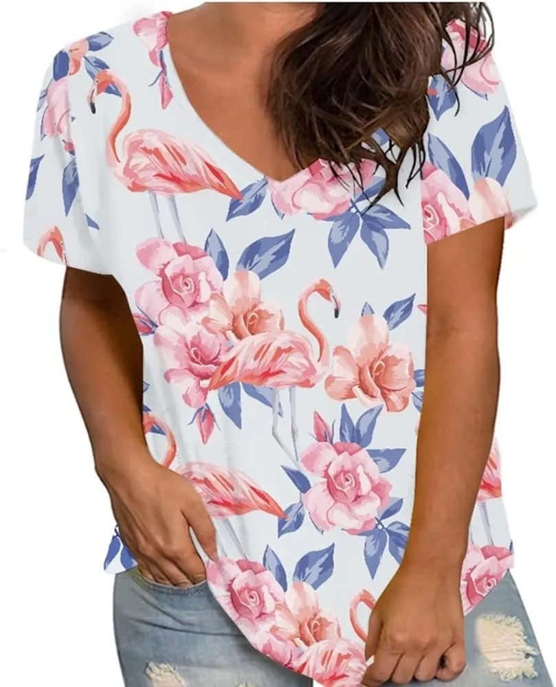 Womens Plus Size Summer Flamingo V-Neck Short Sleeve Casual T-Shirts Tee