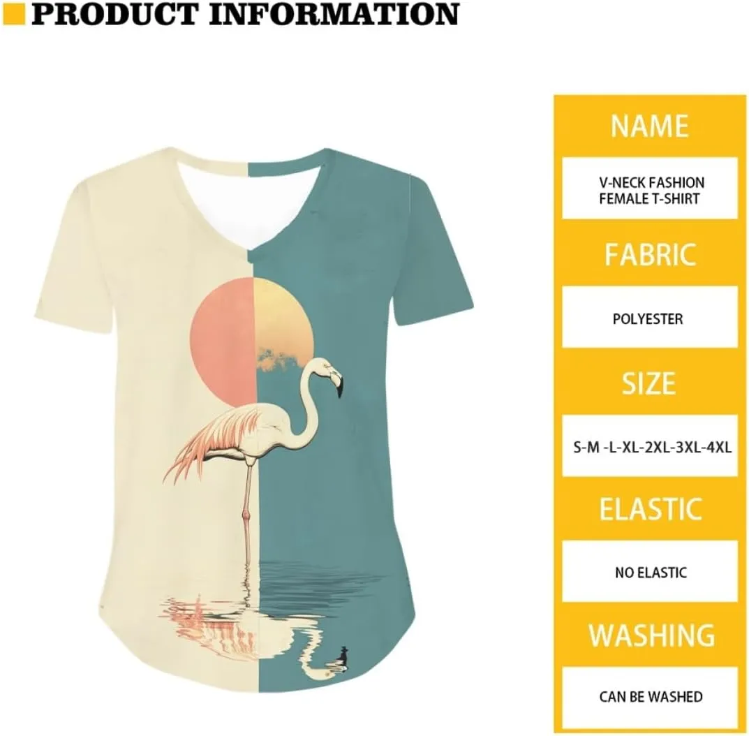 Womens Plus Size Summer Flamingo V-Neck Short Sleeve Casual T-Shirts Tee