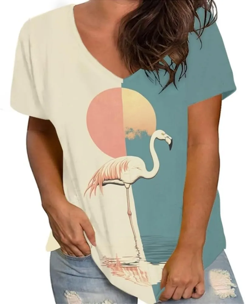 Womens Plus Size Summer Flamingo V-Neck Short Sleeve Casual T-Shirts Tee