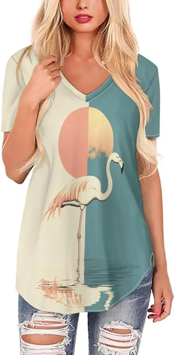 Womens Plus Size Summer Flamingo V-Neck Short Sleeve Casual T-Shirts Tee