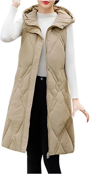 Womens Puffer Vest Winter Long Quilted Warm Fleece Lined Puffer Coat Full Zipper Sleeveless Down Jacket With Hood