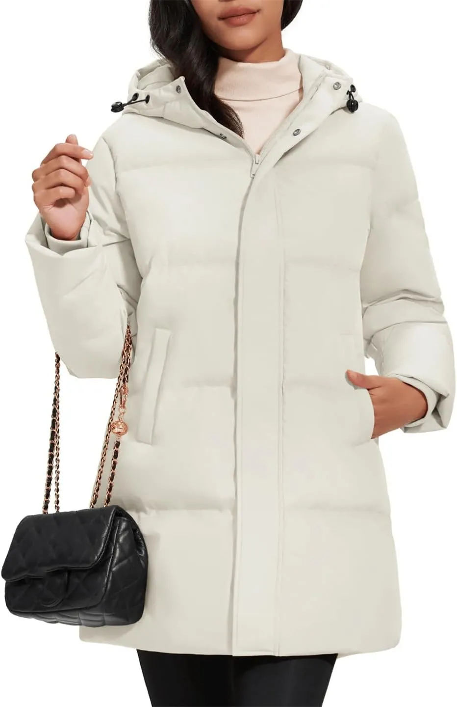Womens Quilted Down Jackets Padded Puffer Zipper Warm Hooded Coats