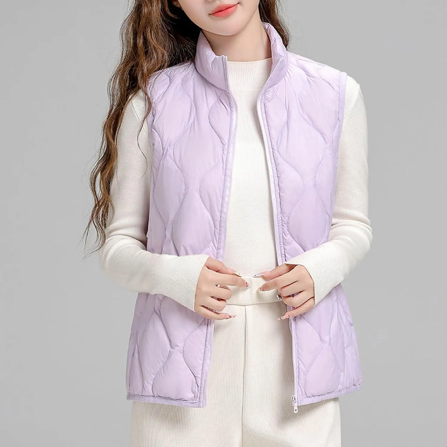 Women's Quilted Vest Lightweight Puffer Jackets Casual Stand Collar Coats Winter Warm Gilet Down Coat with Pockets