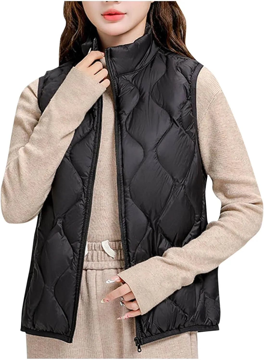 Womens Quilted Vest Lightweight Puffer Jackets Casual Stand Collar Coats Winter Warm Gilet Down Coat with Pockets