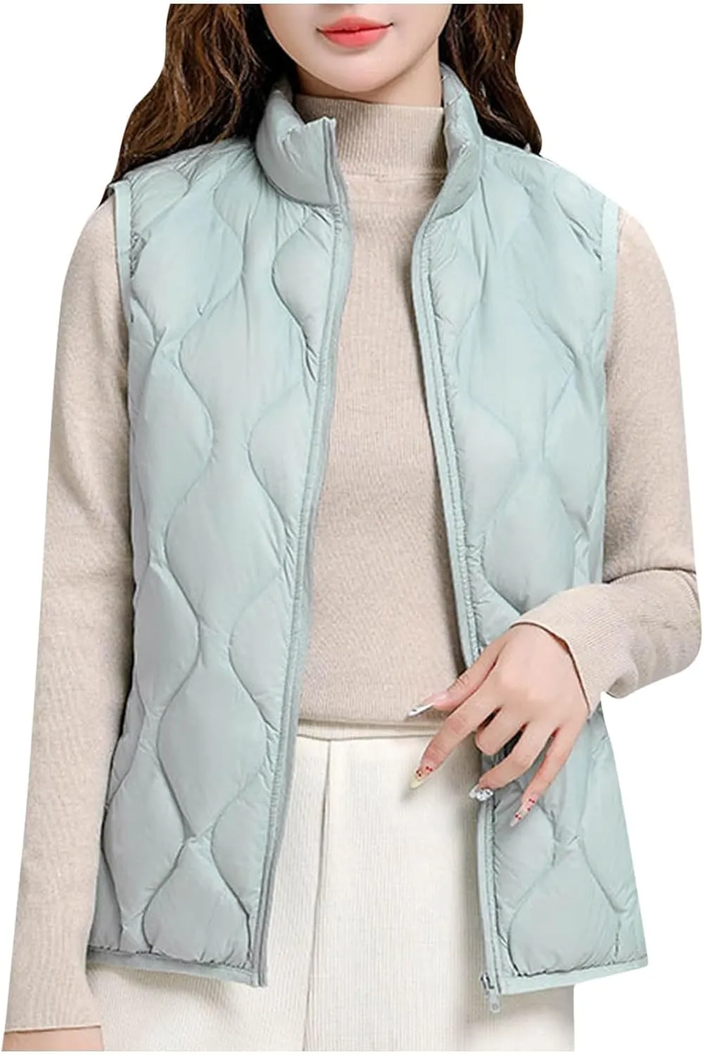 Women's Quilted Vest Lightweight Puffer Jackets Casual Stand Collar Coats Winter Warm Gilet Down Coat with Pockets