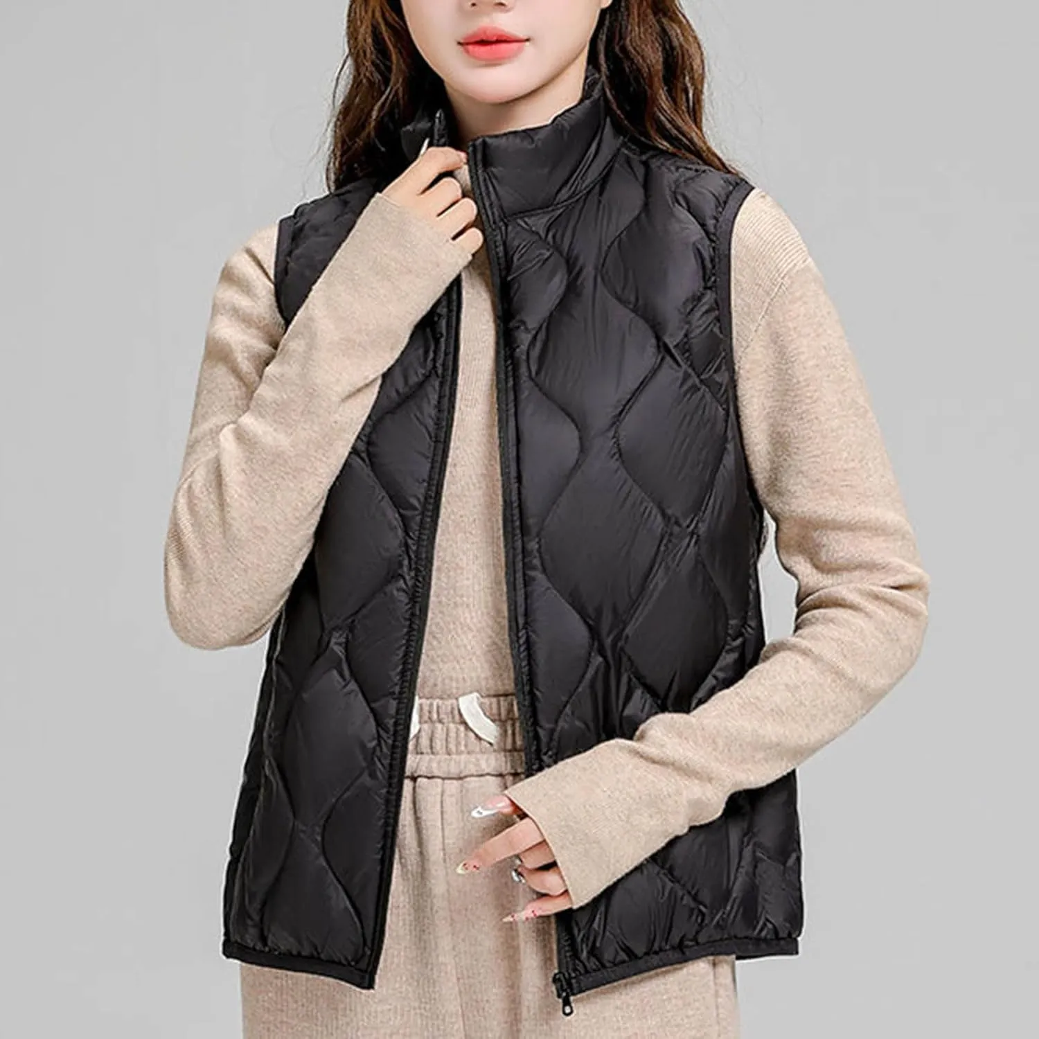 Womens Quilted Vest Lightweight Puffer Jackets Casual Stand Collar Coats Winter Warm Gilet Down Coat with Pockets