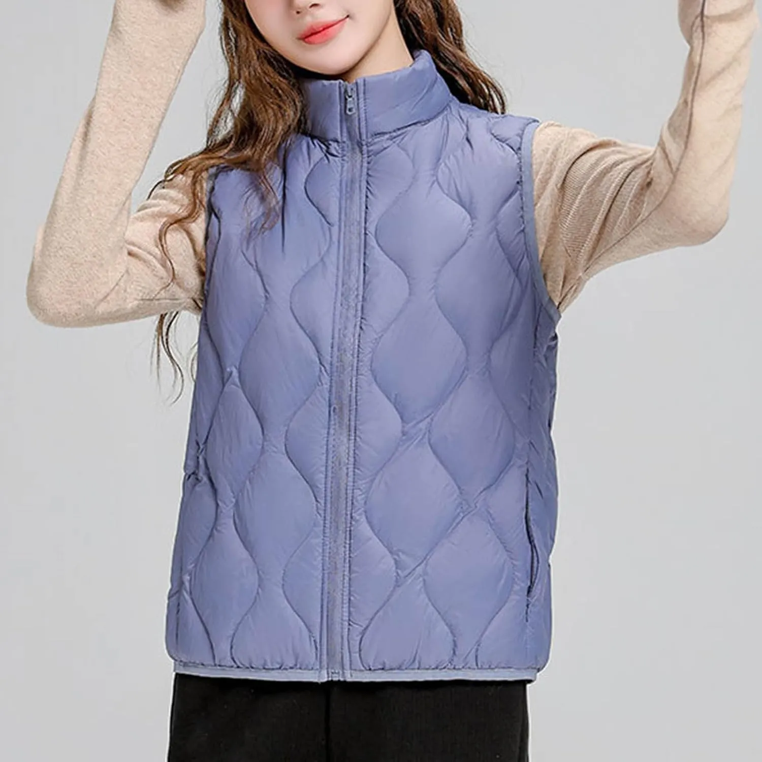 Women's Quilted Vest Lightweight Puffer Jackets Casual Stand Collar Coats Winter Warm Gilet Down Coat with Pockets