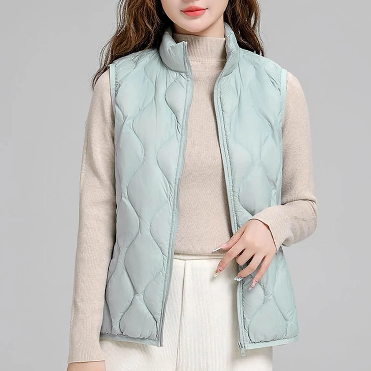 Women's Quilted Vest Lightweight Puffer Jackets Casual Stand Collar Coats Winter Warm Gilet Down Coat with Pockets