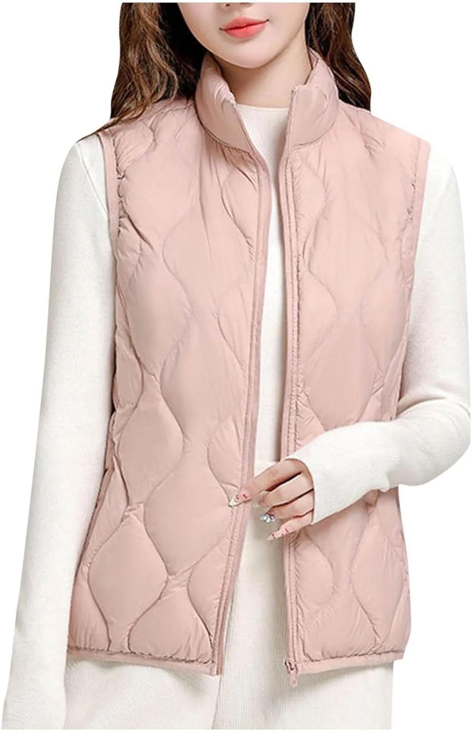 Womens Quilted Vest Lightweight Puffer Jackets Casual Stand Collar Coats Winter Warm Gilet Down Coat with Pockets