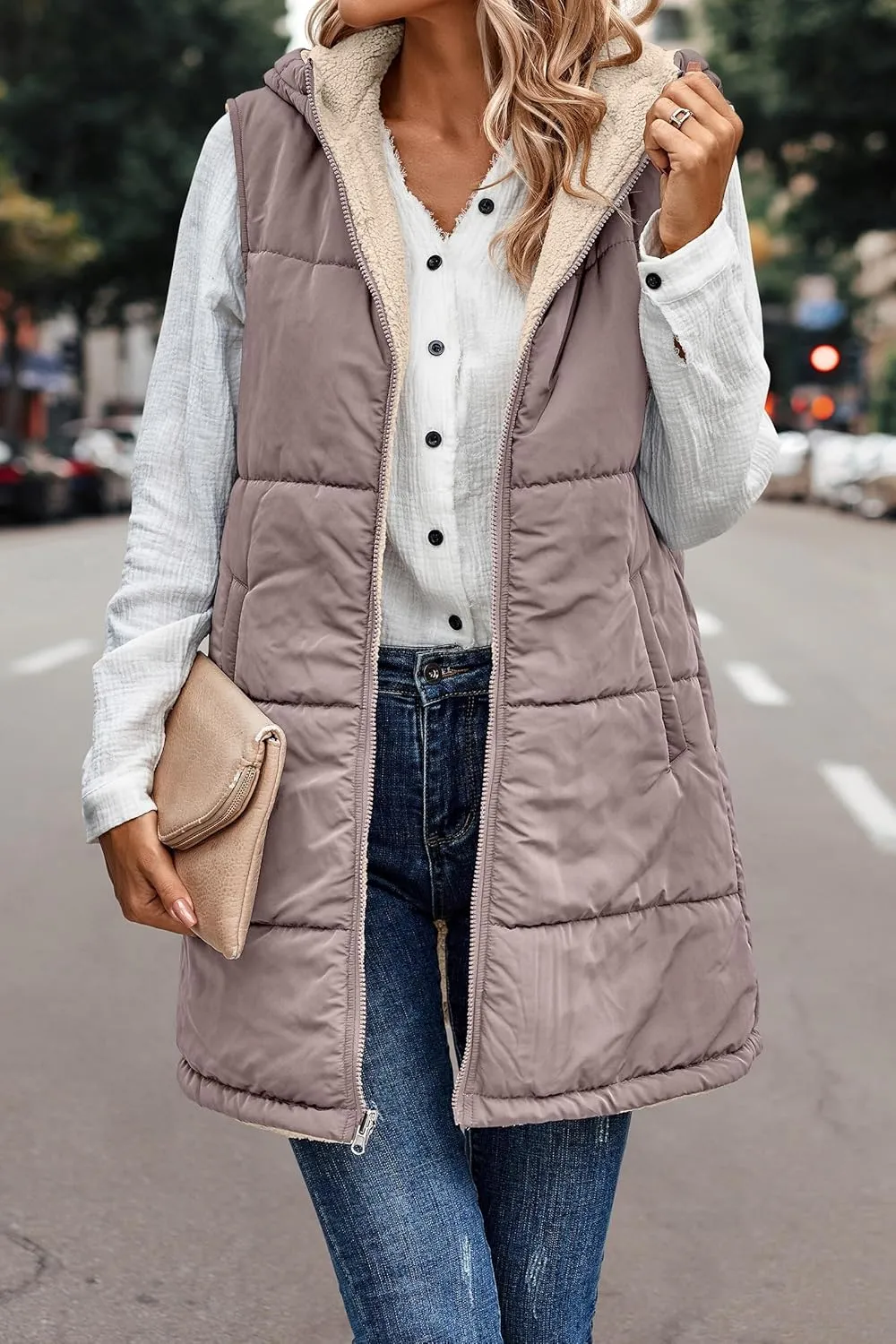 Womens Reversible Vests 2024 Winter Sleeveless Fleece Jacket Zip Up Hoodie Pockets Long Warm Coat Outerwear
